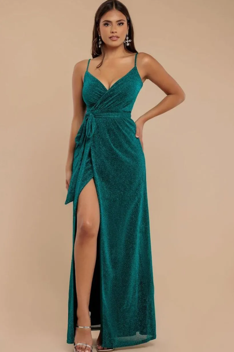 Wrap Style Spaghetti Strap Maxi With Split - Emerald by Goddiva
