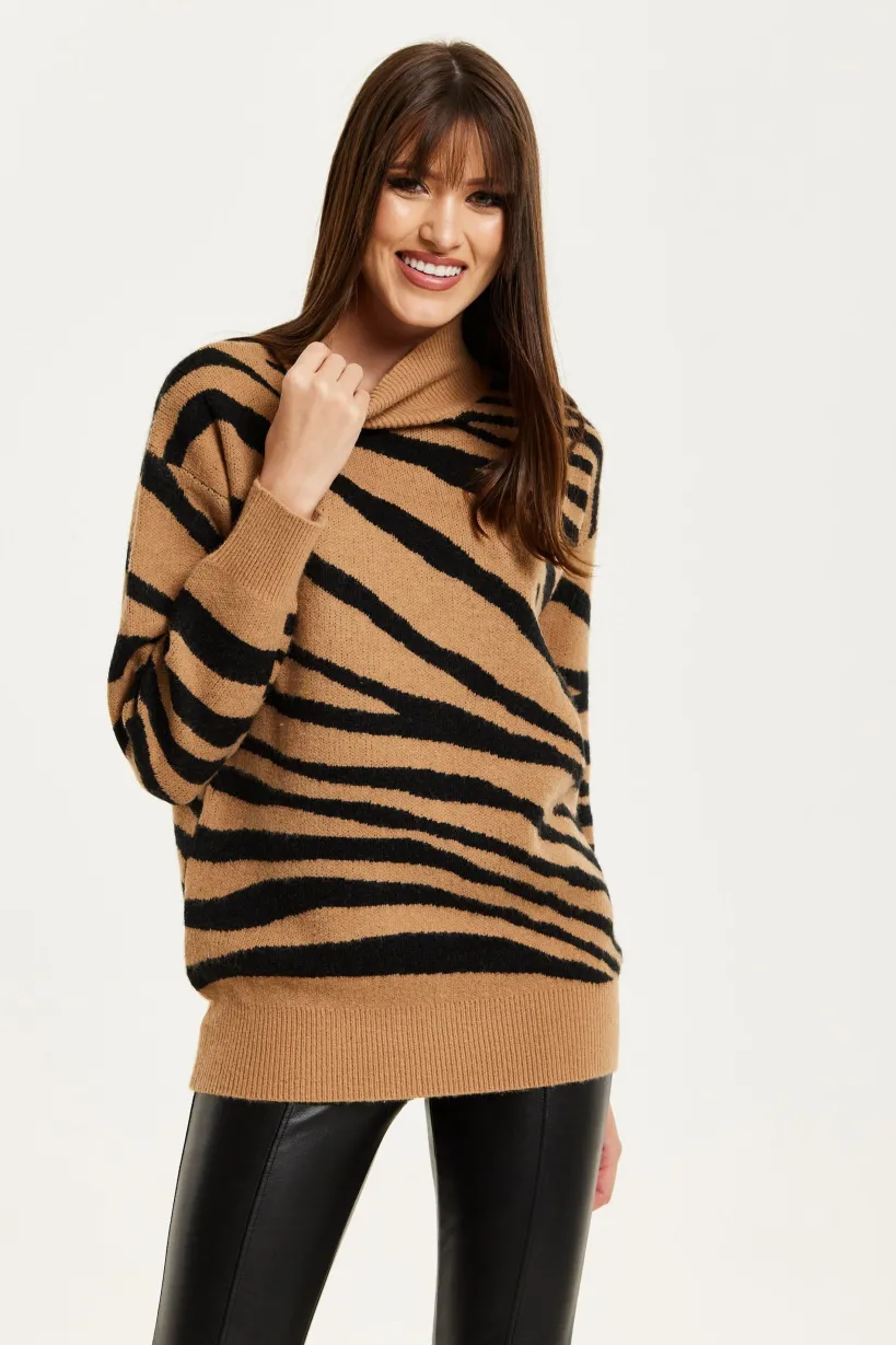Zebra Pattern High Neck Jumper In Brown And Black by Liquorish