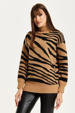 Zebra Pattern High Neck Jumper In Brown And Black by Liquorish