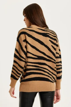 Zebra Pattern High Neck Jumper In Brown And Black by Liquorish