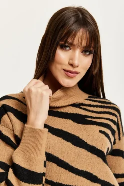 Zebra Pattern High Neck Jumper In Brown And Black by Liquorish