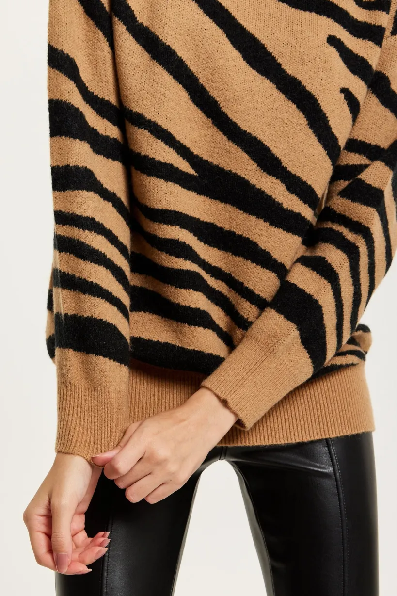 Zebra Pattern High Neck Jumper In Brown And Black by Liquorish