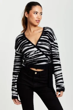 Zebra Pattern Wrap Cardigan In Black And Whit by Liquorish