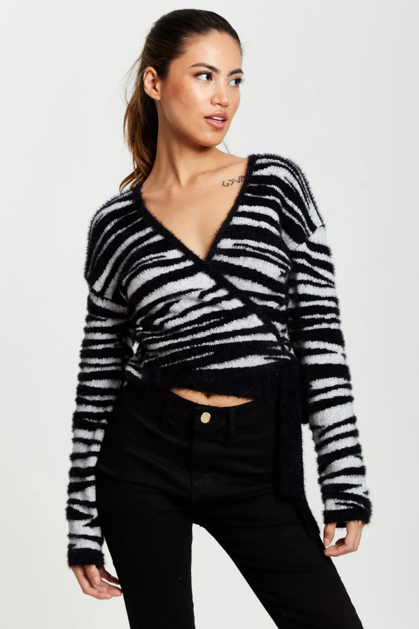 Zebra Pattern Wrap Cardigan In Black And Whit by Liquorish