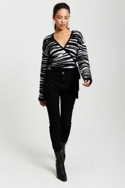 Zebra Pattern Wrap Cardigan In Black And Whit by Liquorish