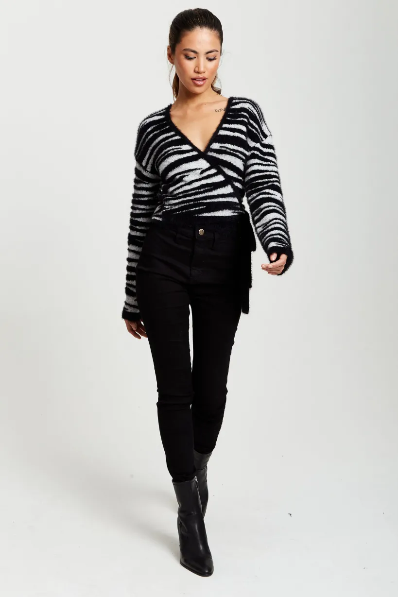 Zebra Pattern Wrap Cardigan In Black And Whit by Liquorish