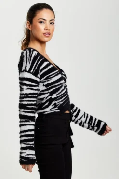 Zebra Pattern Wrap Cardigan In Black And Whit by Liquorish