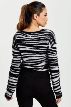 Zebra Pattern Wrap Cardigan In Black And Whit by Liquorish