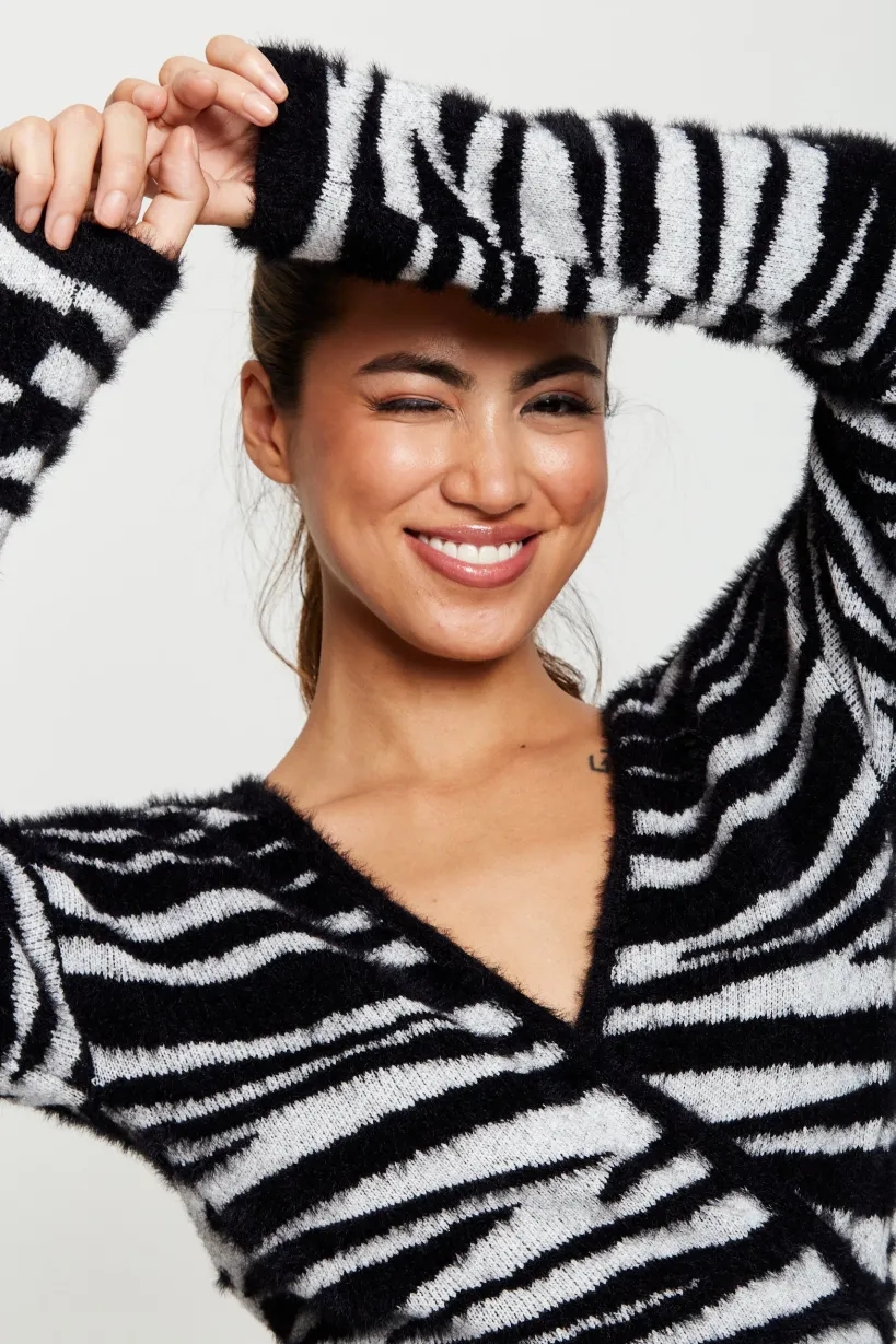 Zebra Pattern Wrap Cardigan In Black And Whit by Liquorish