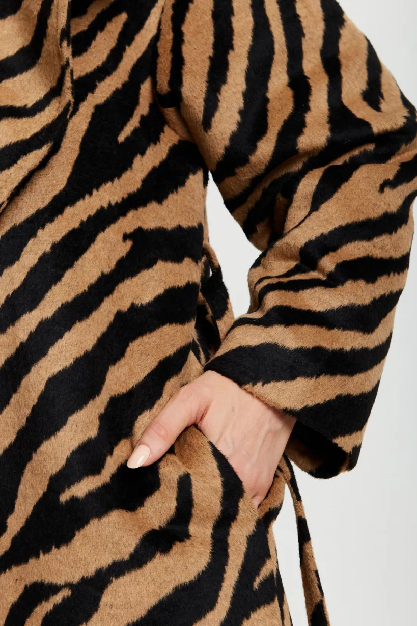Zebra Print Longline Coat In Brown And Black by Liquorish