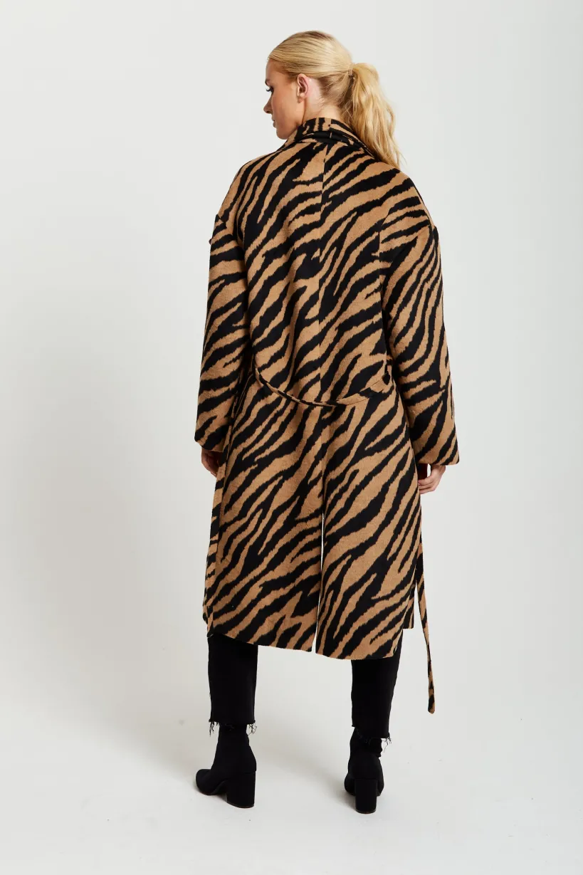Zebra Print Longline Coat In Brown And Black by Liquorish